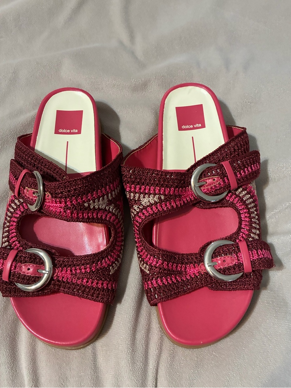 Dolce Vita Pink Crochet Dual-Buckle Slide Sandals